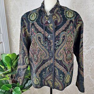 Flashback Size Large Tapestry Paisley Jacket Blk/Brn/Grn Button Front Vintage